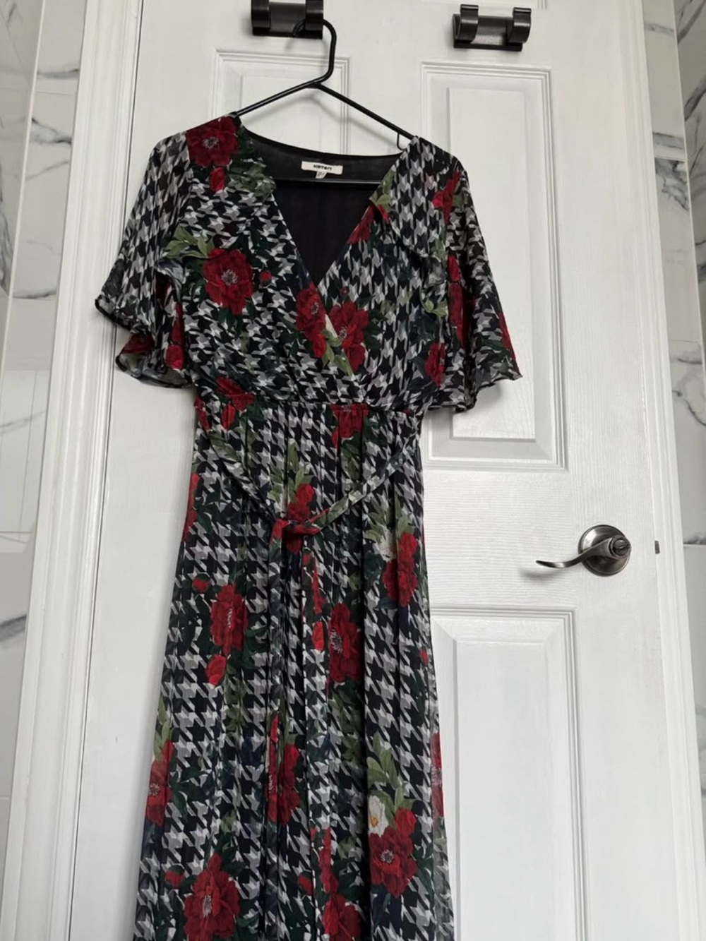 Floral Houndstooth Wrap Maxi Dress in Black and Red